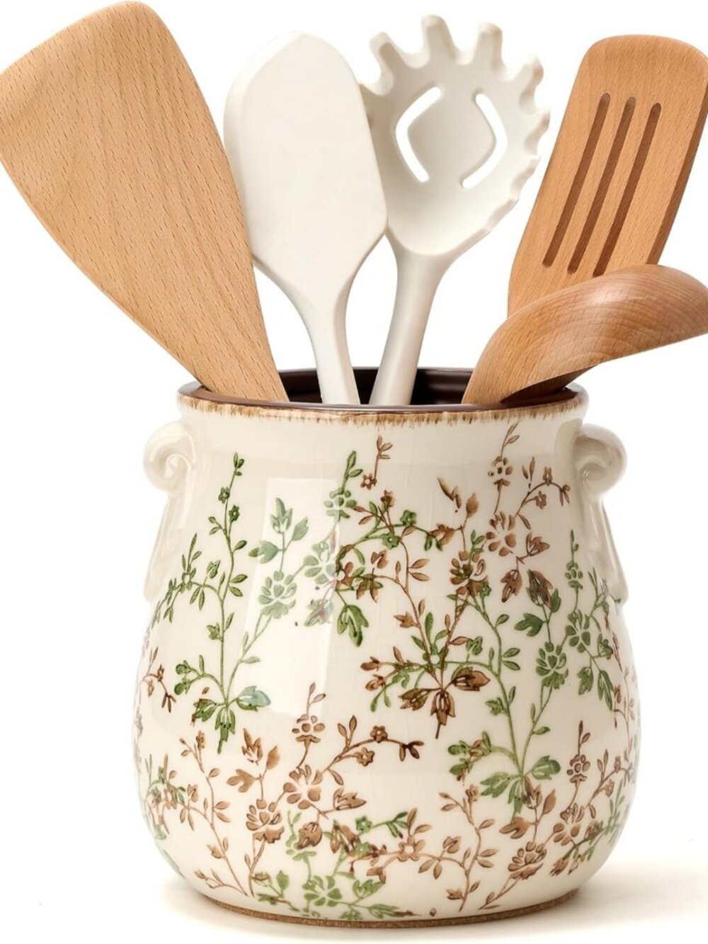 Stylish Rustic Utensil Holder for Kitchen Counter - Floral Ceramic Organizer